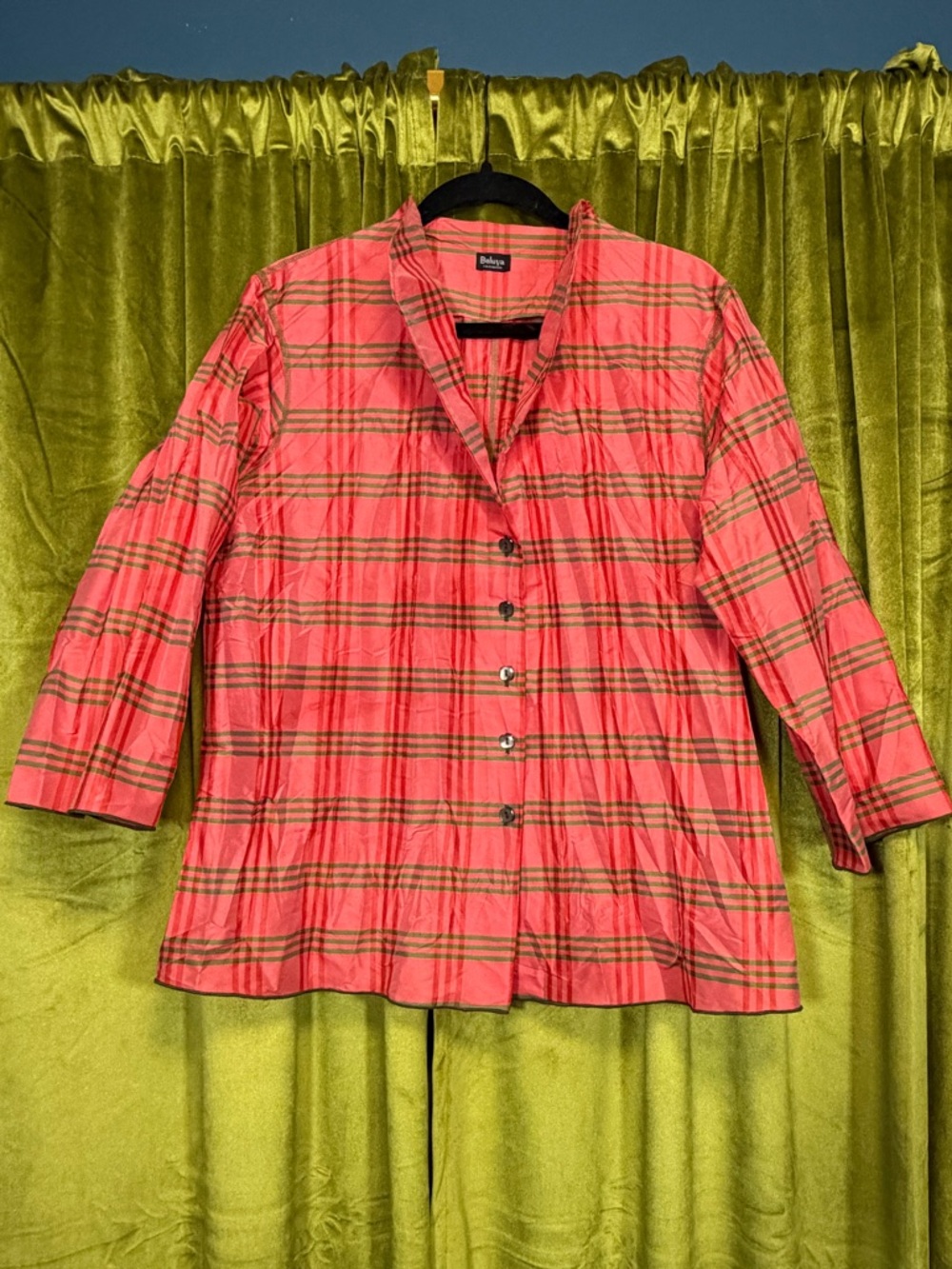 Beluva by Firuze San Francisco Crinkle Satin Pink & Green Plaid Blouse  $192